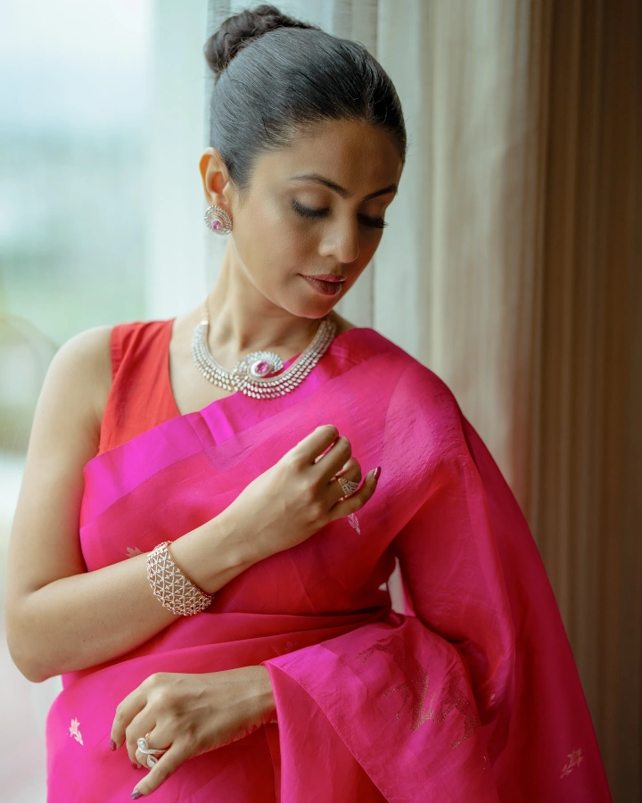 Manasi Parekh Lovely Pink Saree and Red Blouse
